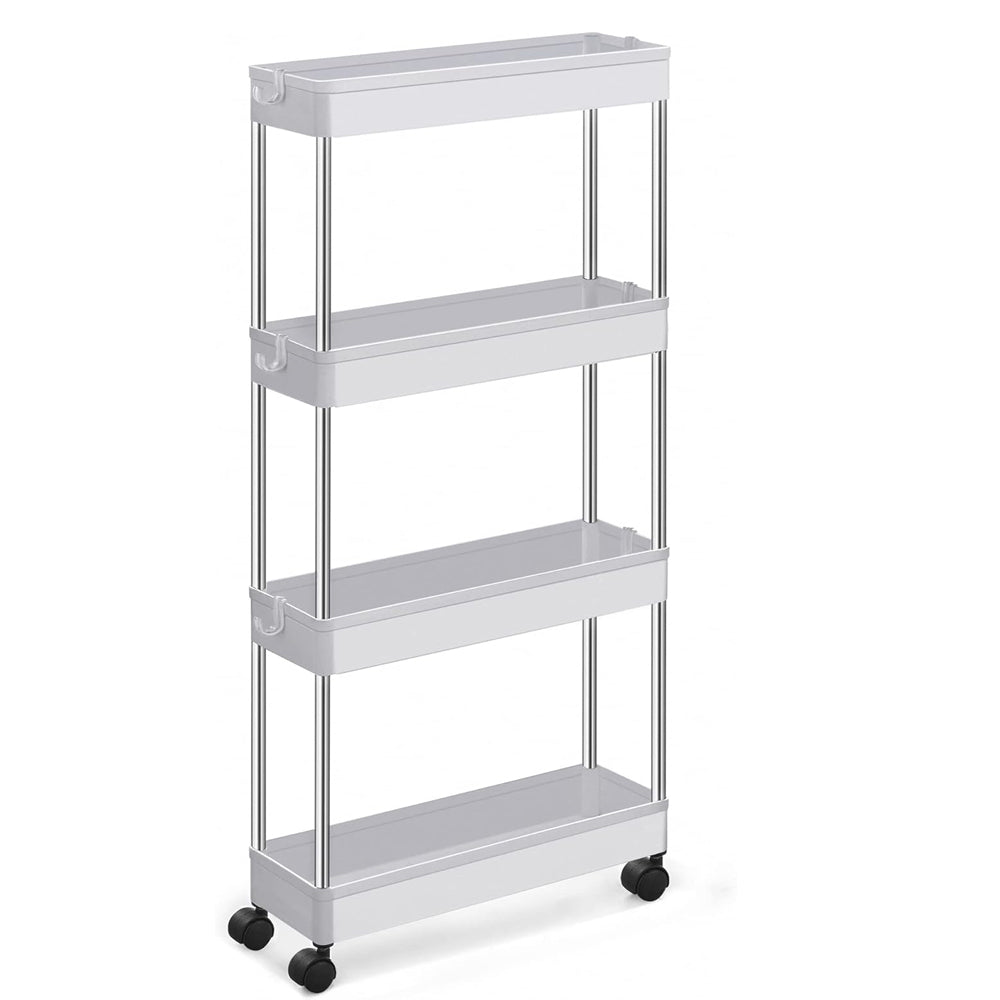 Organizador de 4 niveles para carrito de almacenamiento, estantería móvil con 4 ruedas giratorias 360 grados, baldas y 4 ganchos, estantes de almacenamiento deslizables para cocina, sala de estar, baño, lavadero. Espacios Estrechos o reducidos