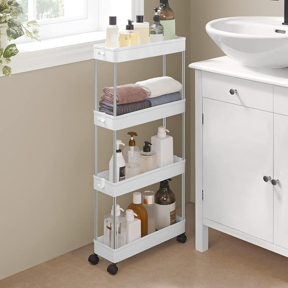 Organizador de 4 niveles para carrito de almacenamiento, estantería móvil con 4 ruedas giratorias 360 grados, baldas y 4 ganchos, estantes de almacenamiento deslizables para cocina, sala de estar, baño, lavadero. Espacios Estrechos o reducidos