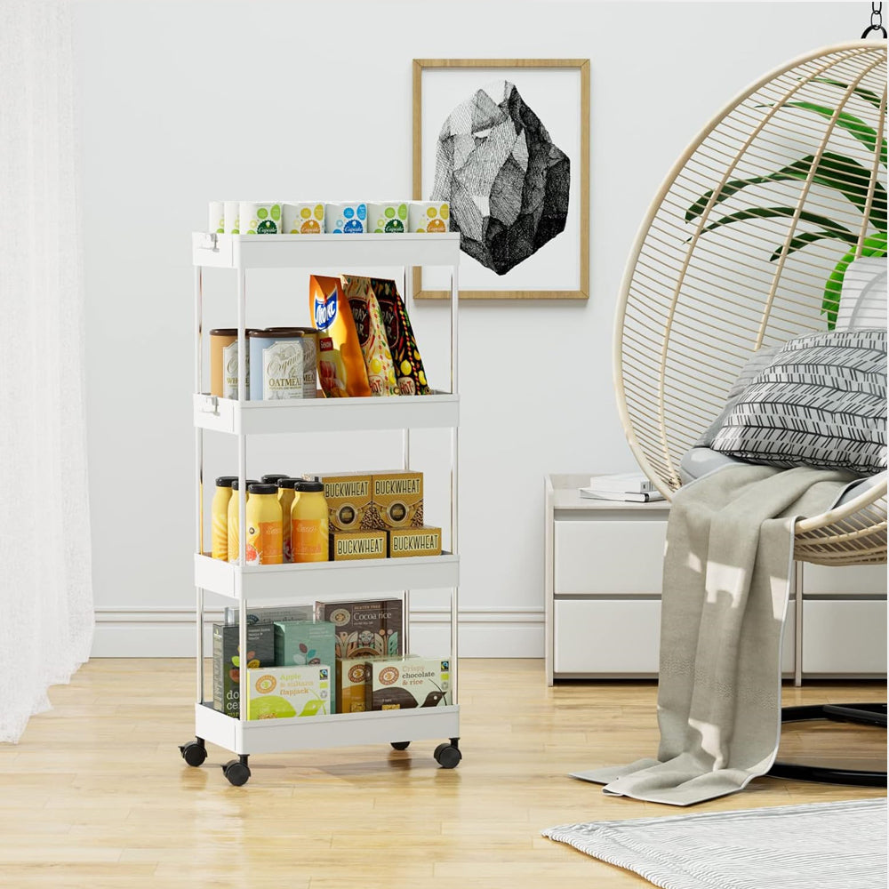 Carro de almacenamiento de 4 niveles con ruedas y ganchos, organizador de estantería móvil,para cocina, baño, lavandería