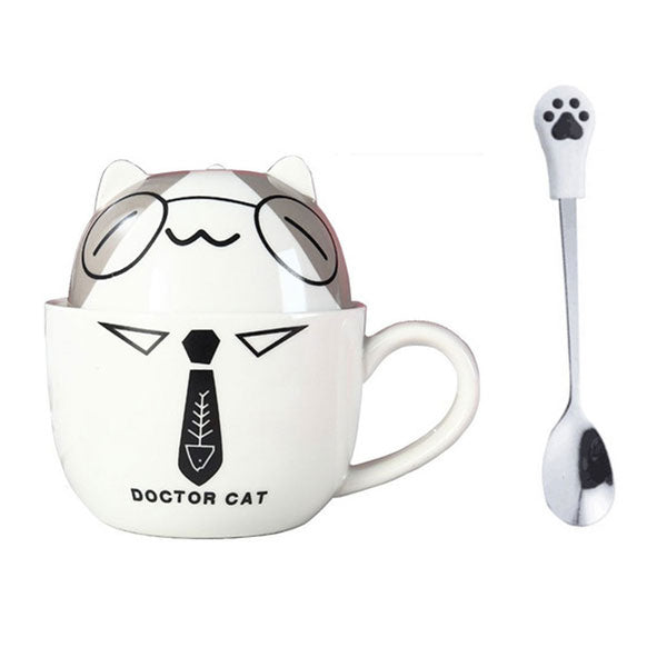 Taza Doble Y Cuchara Doctor Cat Kawaii Regalos