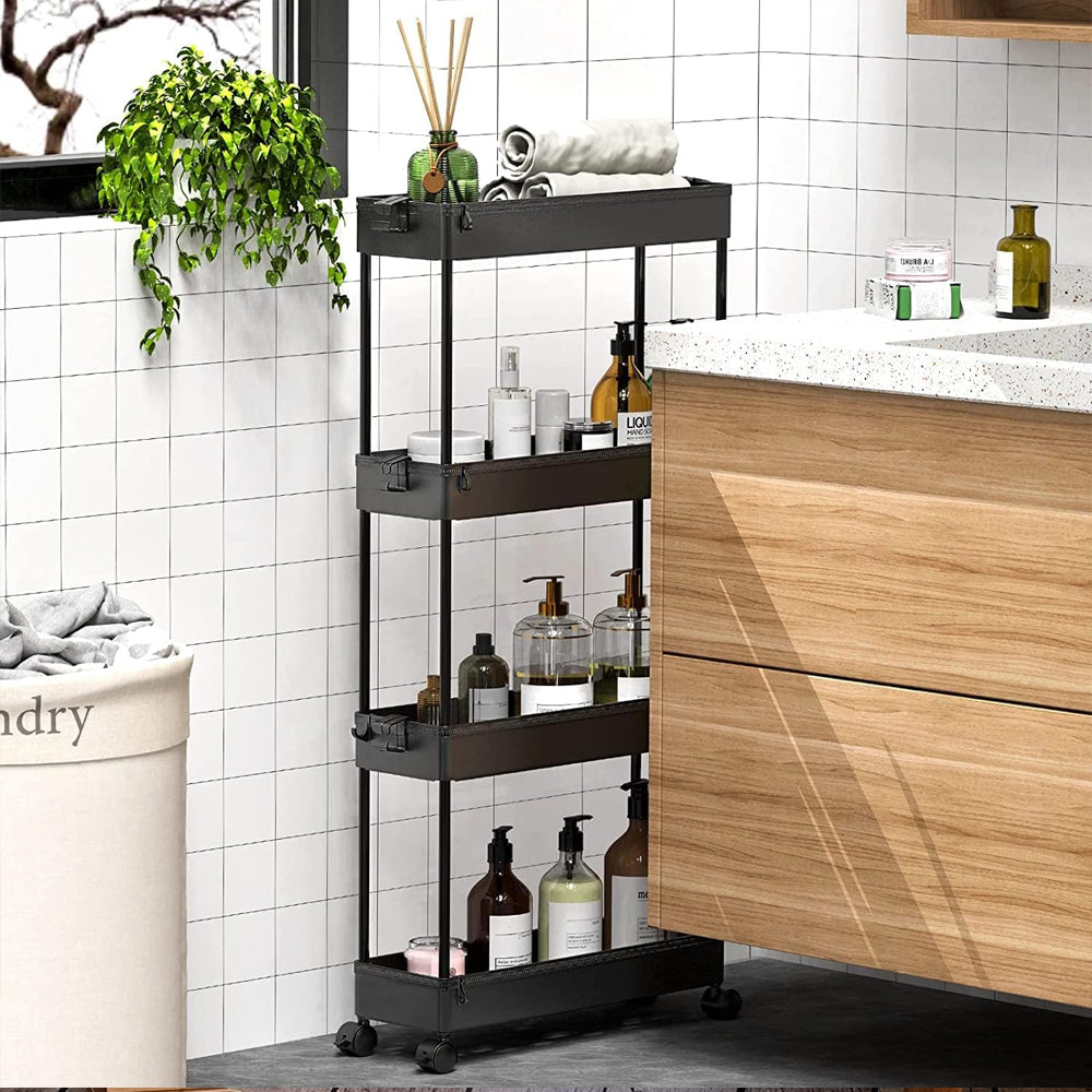Organizador de 4 niveles para carrito de almacenamiento, estantería móvil con 4 ruedas giratorias 360 grados, baldas y 4 ganchos, estantes de almacenamiento deslizables para cocina, sala de estar, baño, lavadero. Espacios Estrechos o reducidos