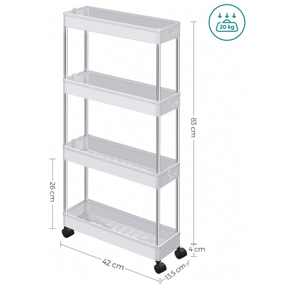 Organizador de 4 niveles para carrito de almacenamiento, estantería móvil con 4 ruedas giratorias 360 grados, baldas y 4 ganchos, estantes de almacenamiento deslizables para cocina, sala de estar, baño, lavadero. Espacios Estrechos o reducidos