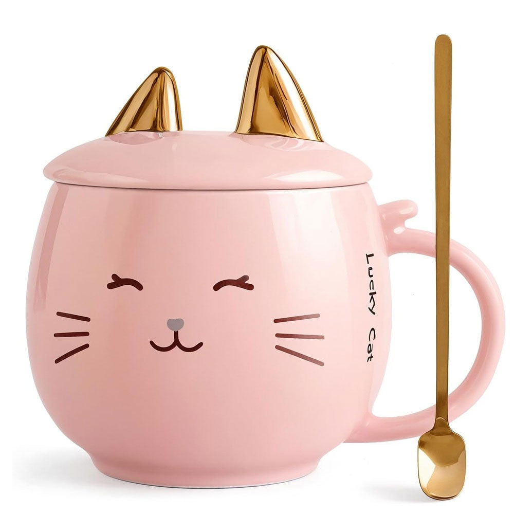 Taza De Cerámica Kawaii De Gatito Lucky Cat Con Holder Tapa Y Cuchara 400ml