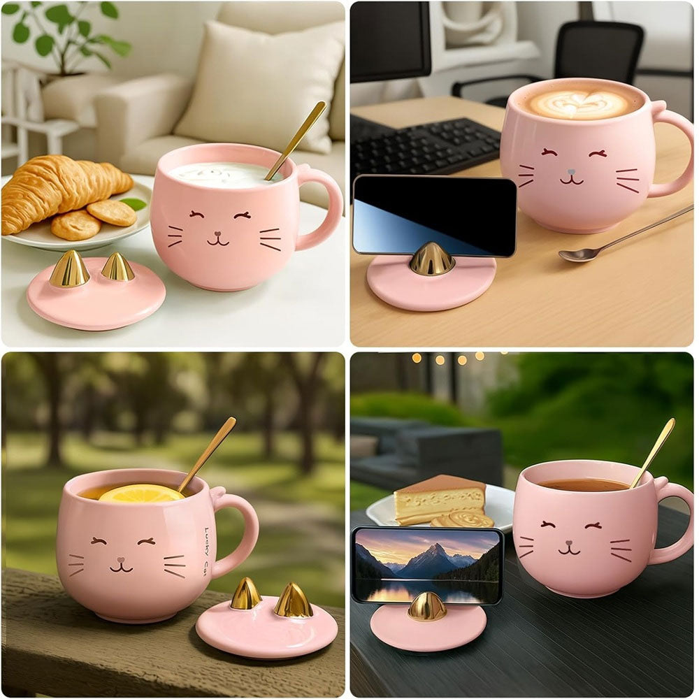Taza De Cerámica Kawaii De Gatito Lucky Cat Con Holder Tapa Y Cuchara 400ml