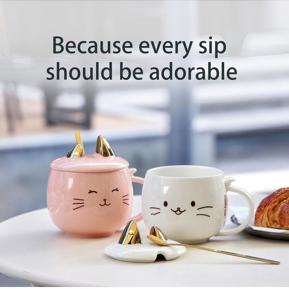 Taza De Cerámica Kawaii De Gatito Lucky Cat Con Holder Tapa Y Cuchara 400ml
