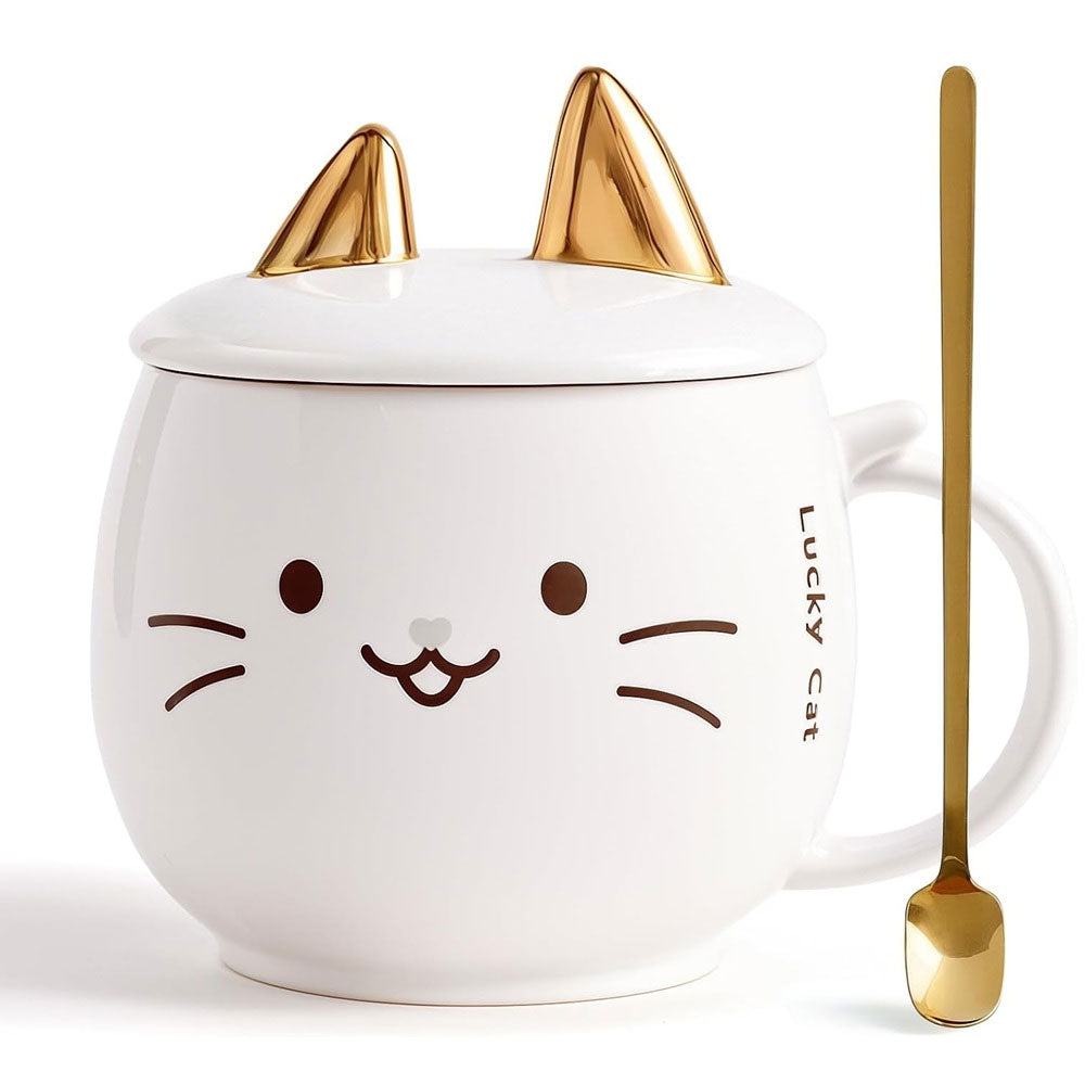 Taza De Cerámica Kawaii De Gatito Lucky Cat Con Holder Tapa Y Cuchara 400ml