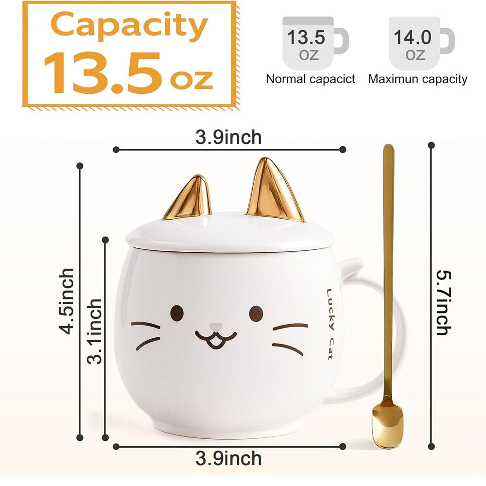 Taza De Cerámica Kawaii De Gatito Lucky Cat Con Holder Tapa Y Cuchara 400ml