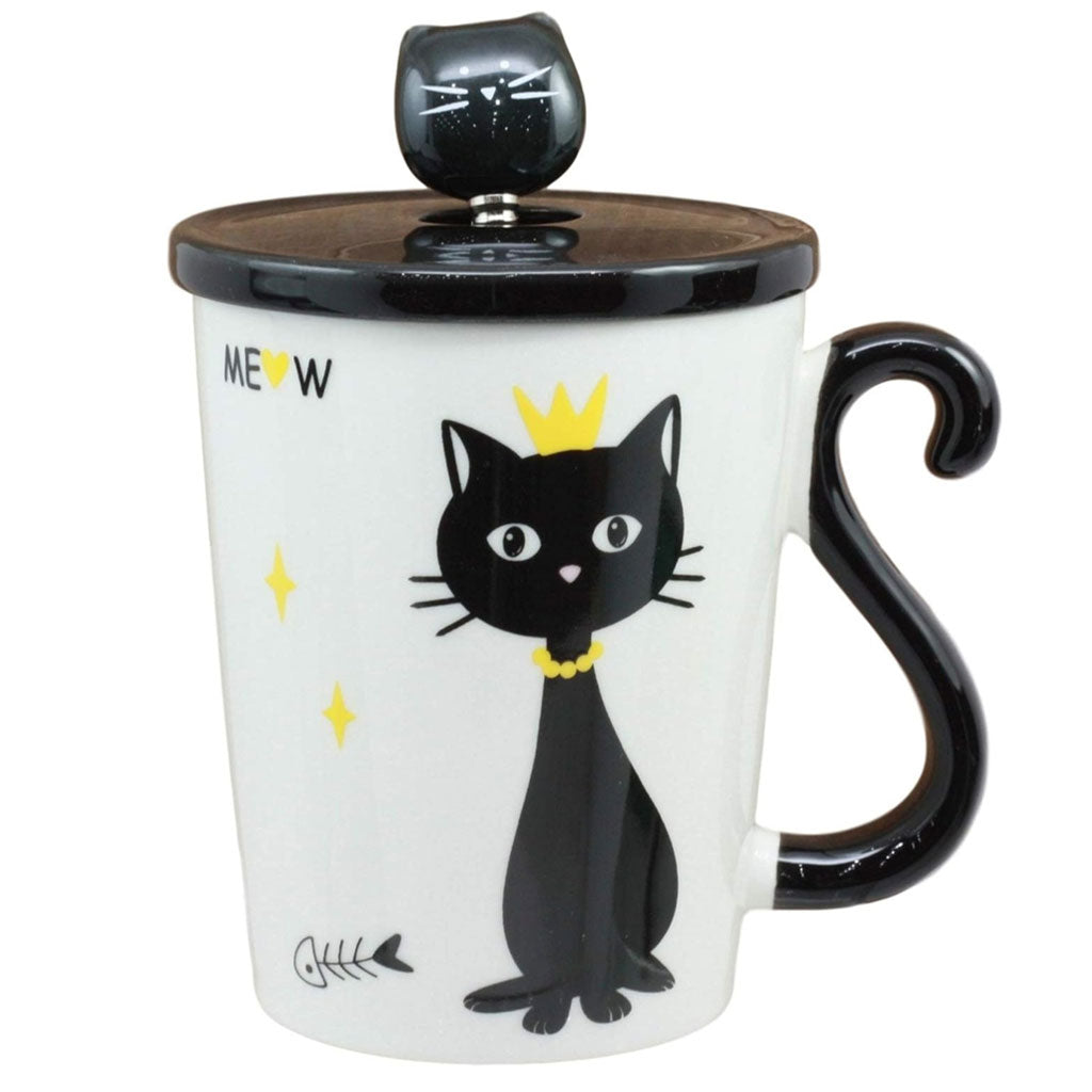 Taza De Cerámica De Café Té Con Cuchara Y Tapa Gatito Negro 300ml