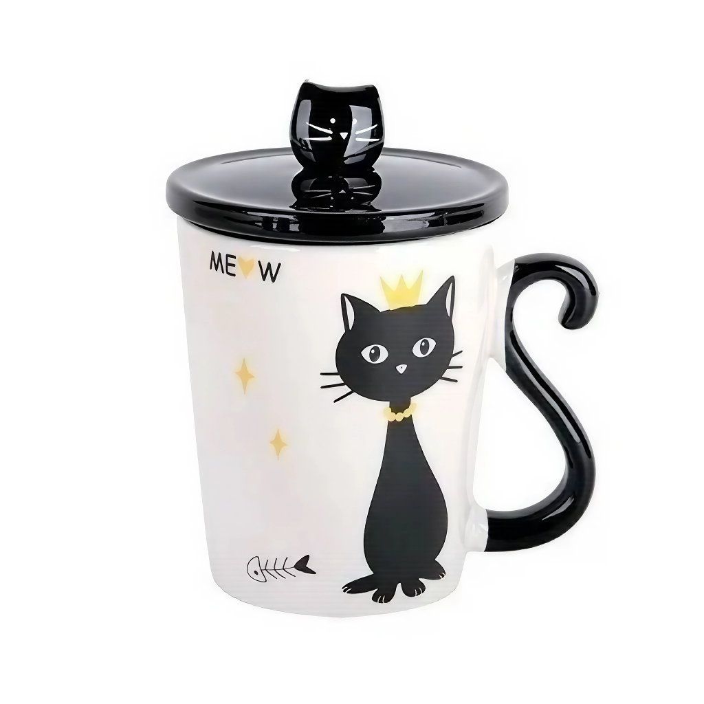 Taza De Cerámica De Café Té Con Cuchara Y Tapa Gatito Negro 300ml