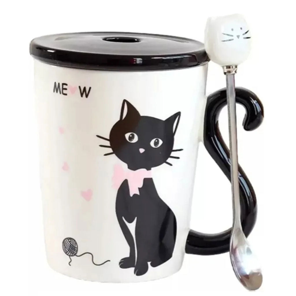 Taza De Cerámica De Café Té Con Cuchara Y Tapa Gatito Negro 300ml