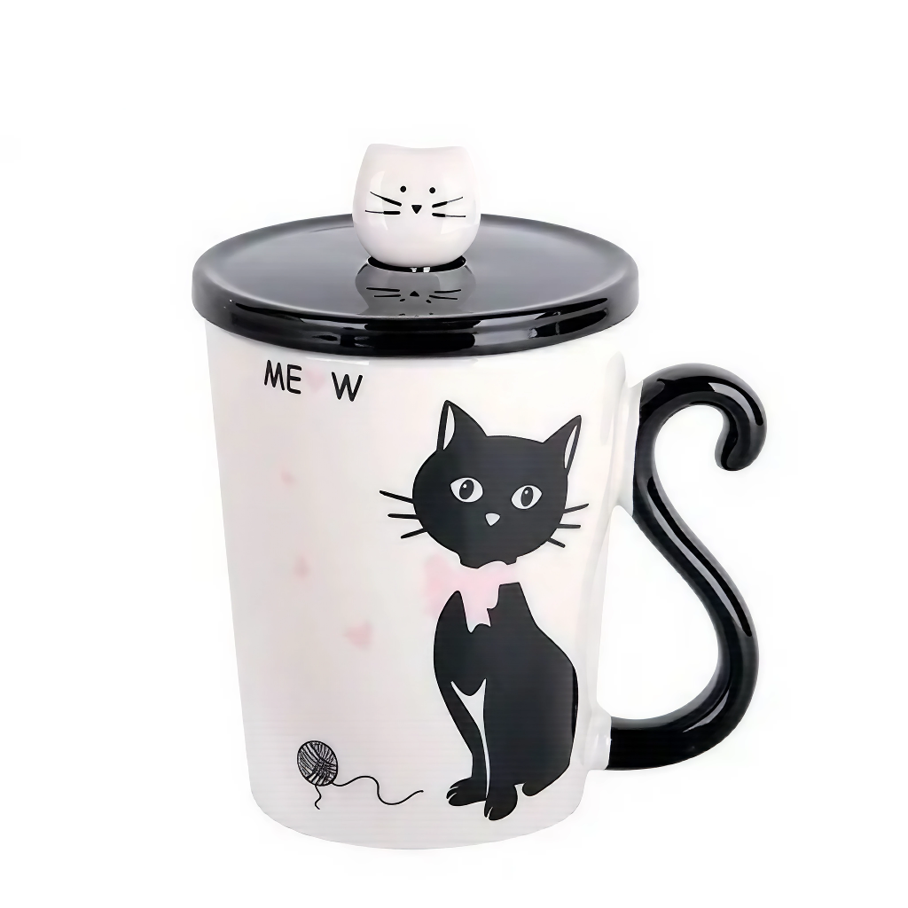 Taza De Cerámica De Café Té Con Cuchara Y Tapa Gatito Negro 300ml