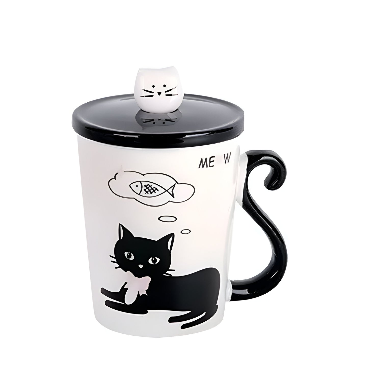 Taza De Cerámica De Café Té Con Cuchara Y Tapa Gatito Negro 300ml