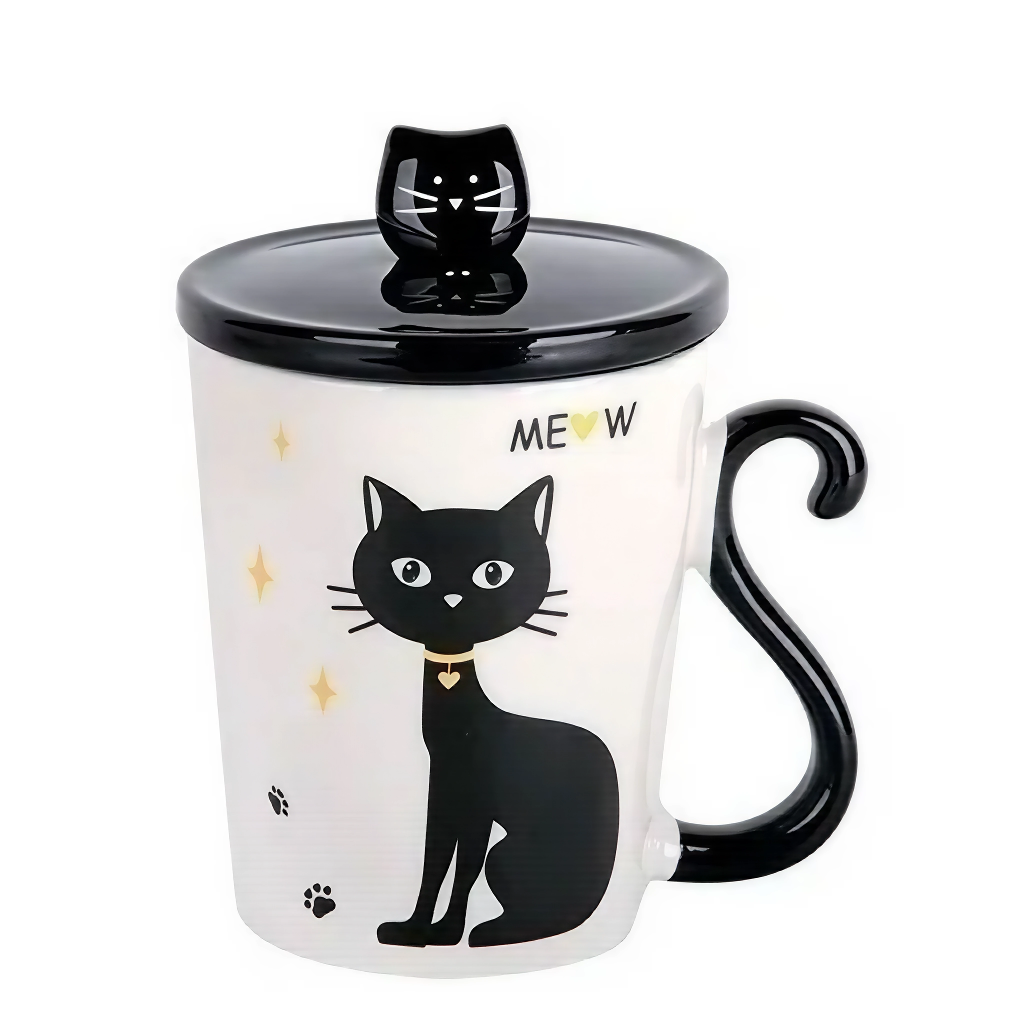 Taza De Cerámica De Café Té Con Cuchara Y Tapa Gatito Negro 300ml