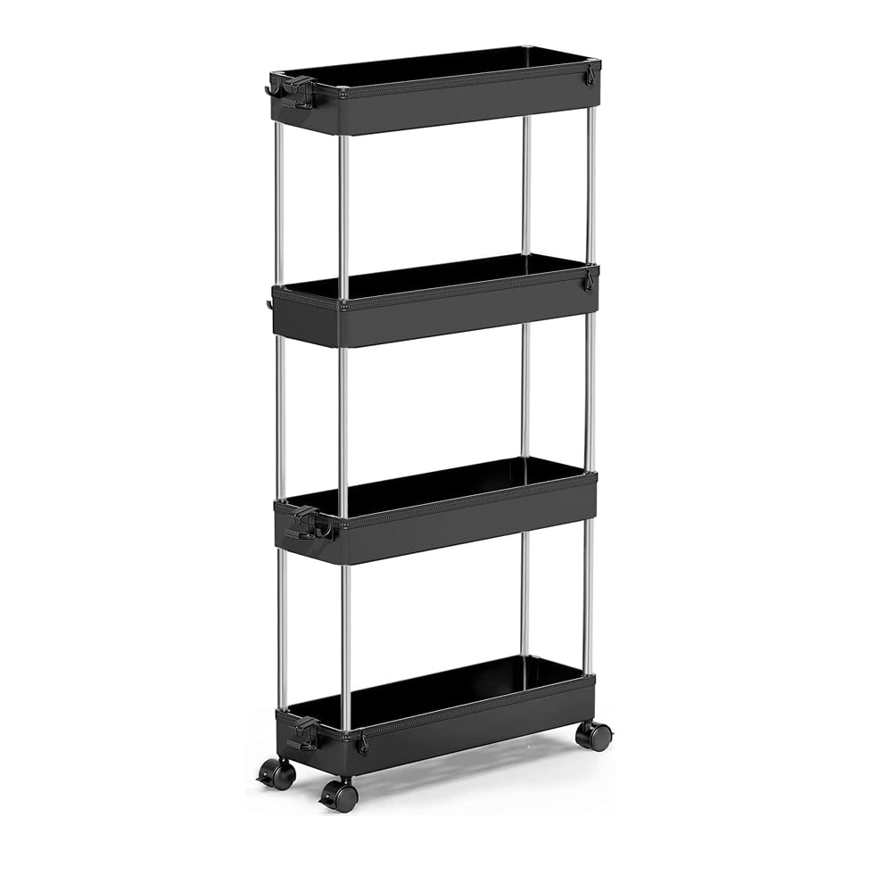 Organizador de 4 niveles para carrito de almacenamiento, estantería móvil con 4 ruedas giratorias 360 grados, baldas y 4 ganchos, estantes de almacenamiento deslizables para cocina, sala de estar, baño, lavadero. Espacios Estrechos o reducidos