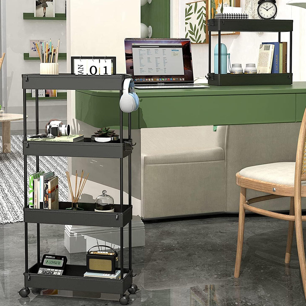Organizador de 4 niveles para carrito de almacenamiento, estantería móvil con 4 ruedas giratorias 360 grados, baldas y 4 ganchos, estantes de almacenamiento deslizables para cocina, sala de estar, baño, lavadero. Espacios Estrechos o reducidos