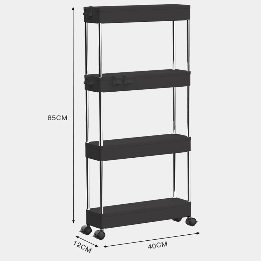 Organizador de 4 niveles para carrito de almacenamiento, estantería móvil con 4 ruedas giratorias 360 grados, baldas y 4 ganchos, estantes de almacenamiento deslizables para cocina, sala de estar, baño, lavadero. Espacios Estrechos o reducidos