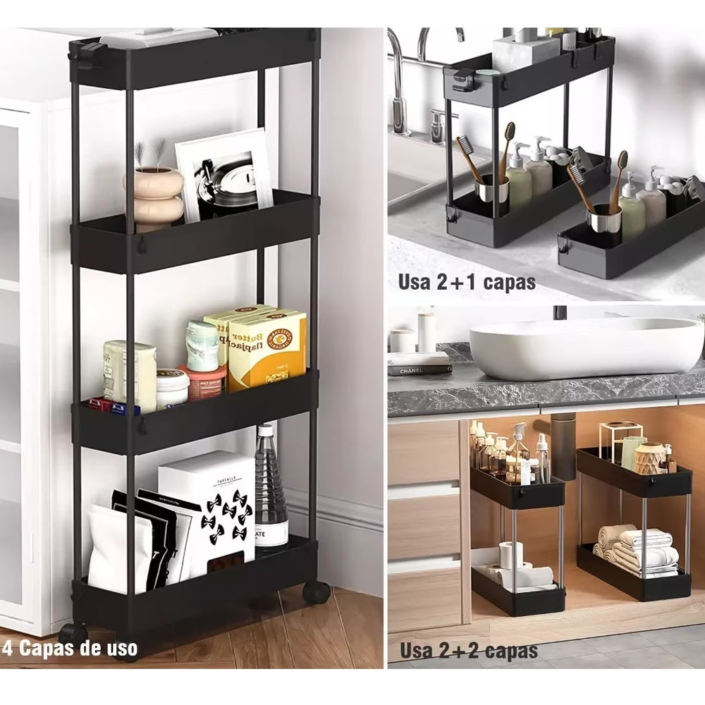 Organizador de 4 niveles para carrito de almacenamiento, estantería móvil con 4 ruedas giratorias 360 grados, baldas y 4 ganchos, estantes de almacenamiento deslizables para cocina, sala de estar, baño, lavadero. Espacios Estrechos o reducidos