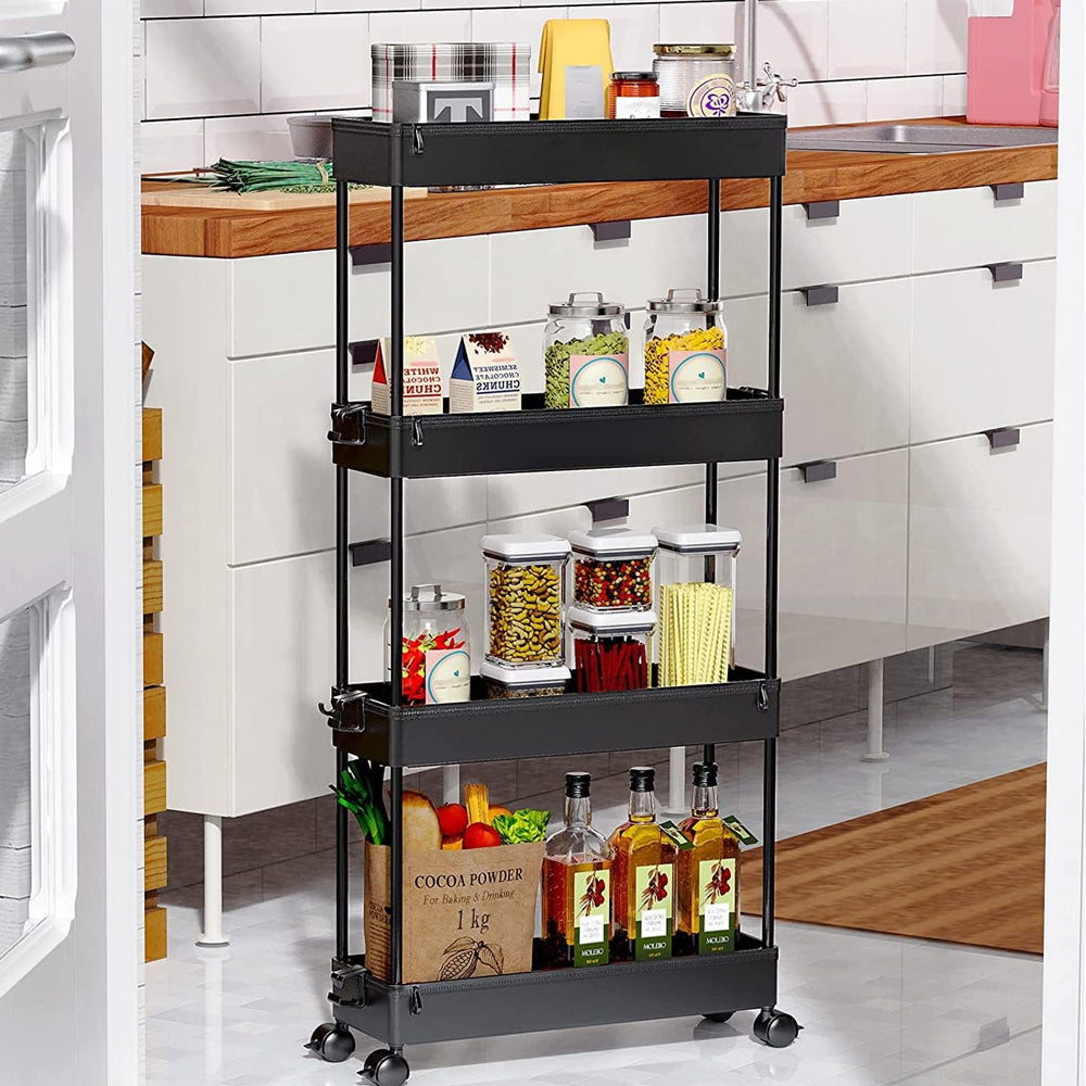 Organizador de 4 niveles para carrito de almacenamiento, estantería móvil con 4 ruedas giratorias 360 grados, baldas y 4 ganchos, estantes de almacenamiento deslizables para cocina, sala de estar, baño, lavadero. Espacios Estrechos o reducidos