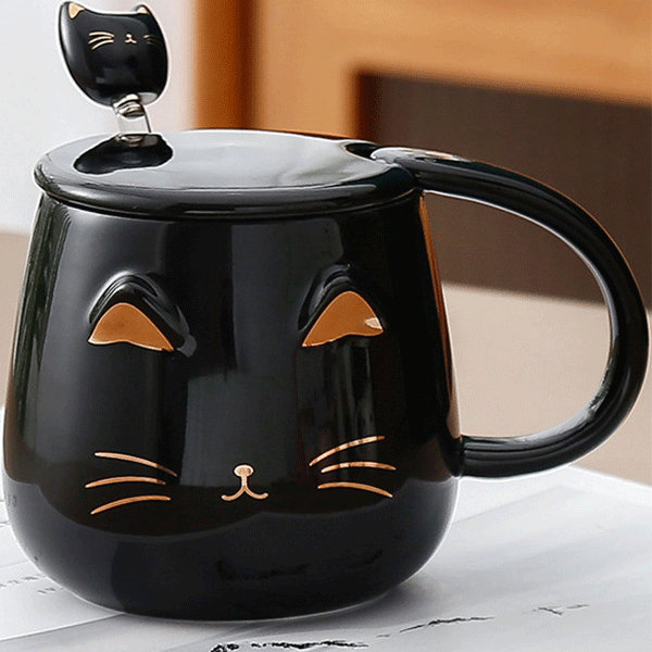 Taza de Cerámica Creativa en Forma de Gato 3D Kawaii con Tapa y Cuchara