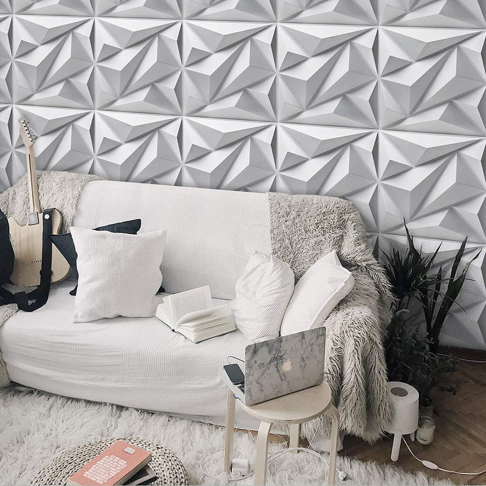 20Pzs Paneles Decorativos 3d para Pared Diagonal 50x50cm 5m2 Cubiertos, Panel De Pared 3d Impermeable, con Cinta de Doble Cara (Blanco Mate)
