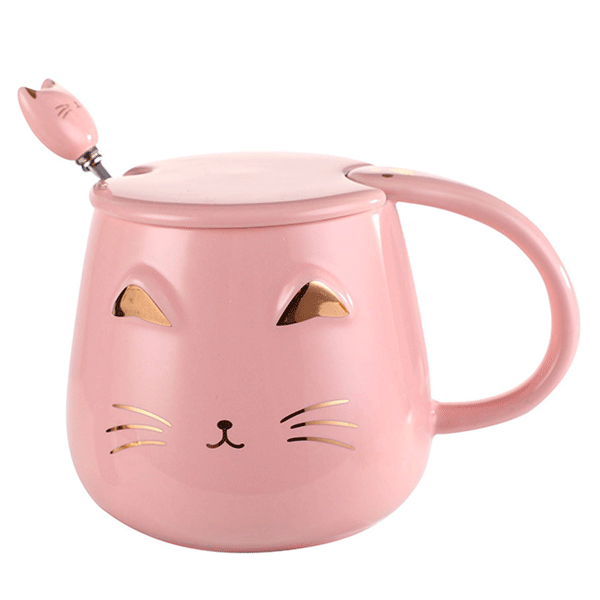 Taza de Cerámica Creativa en Forma de Gato 3D Kawaii con Tapa y Cuchara