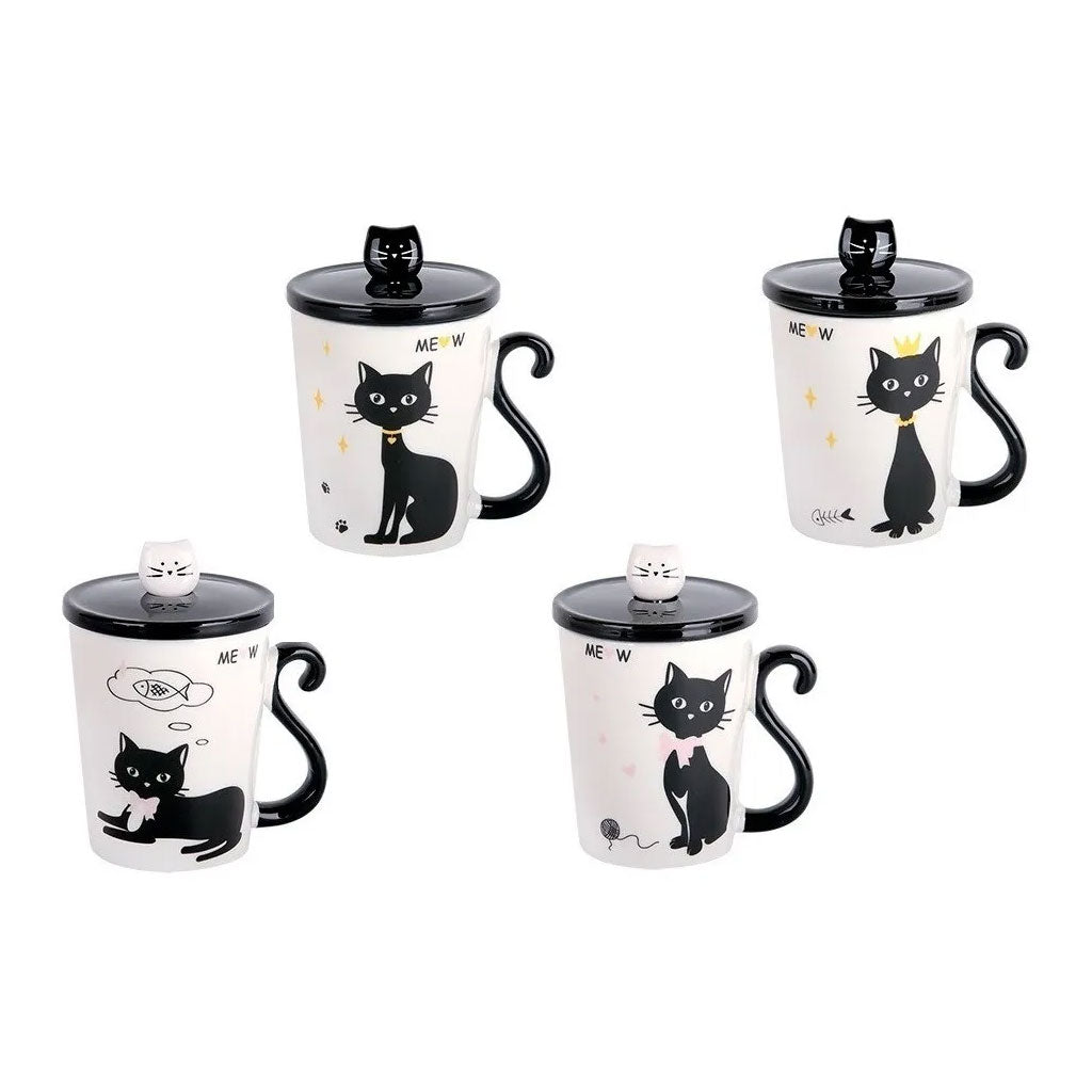 Taza De Cerámica De Café Té Con Cuchara Y Tapa Gatito Negro 300ml