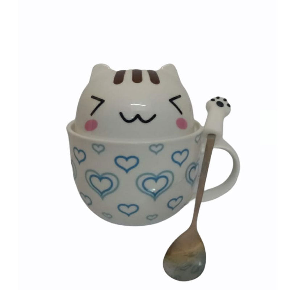 Taza Doble Y Cuchara Gato Gatito Lovely Corazones Kawaii Regalos