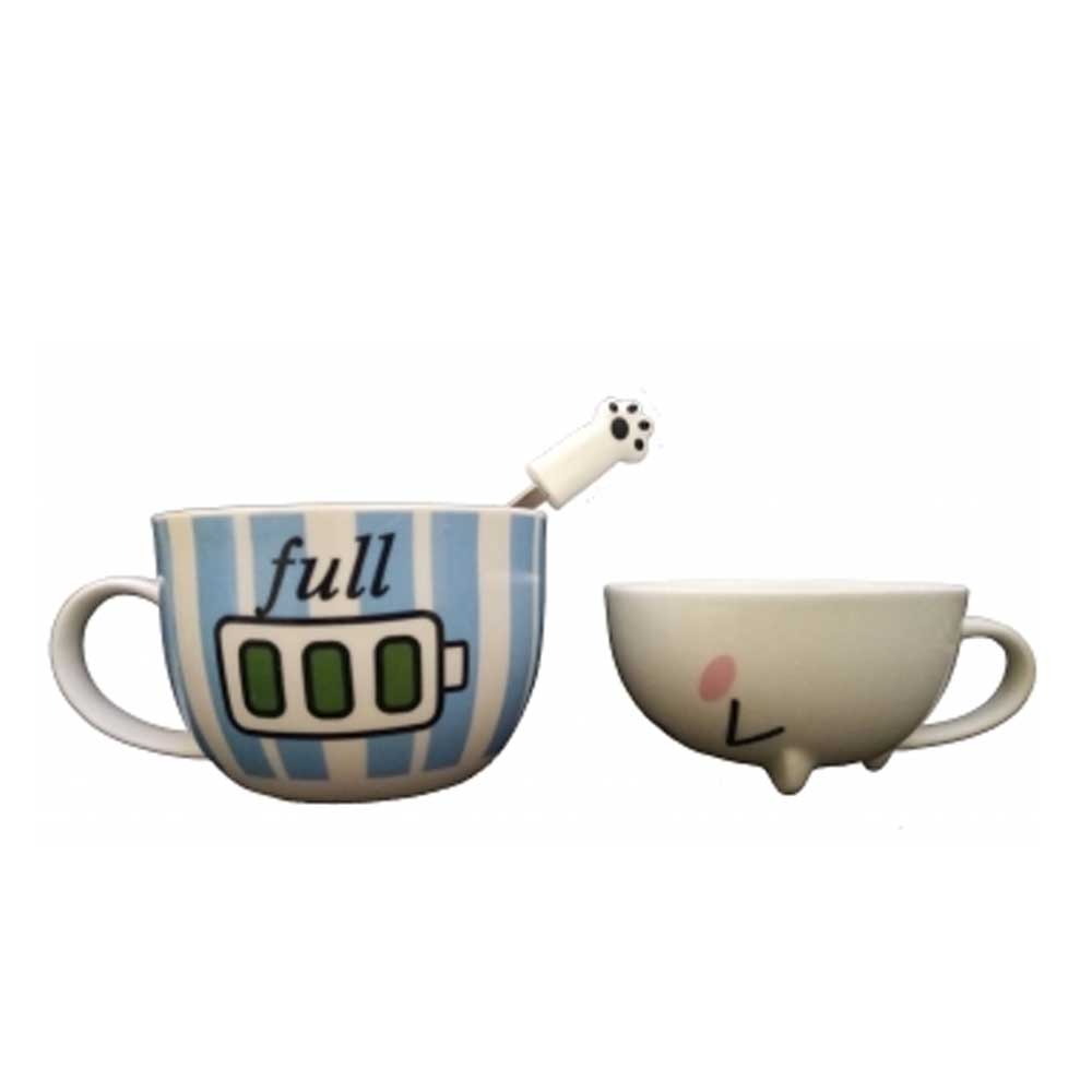Taza Doble Y Cuchara Gato Gatito Batería Full Azul Kawaii Regalos