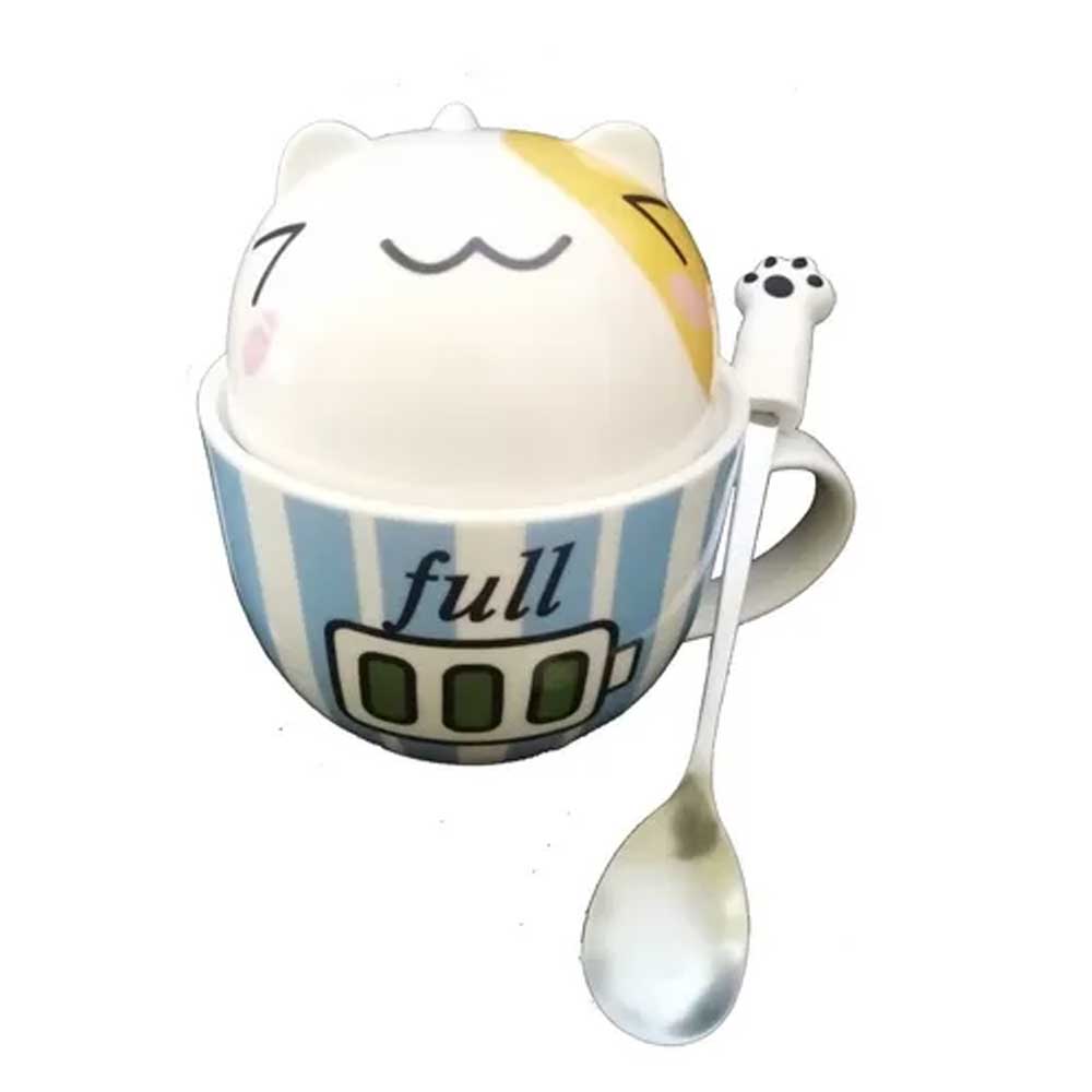 Taza Doble Y Cuchara Gato Gatito Batería Full Azul Kawaii Regalos