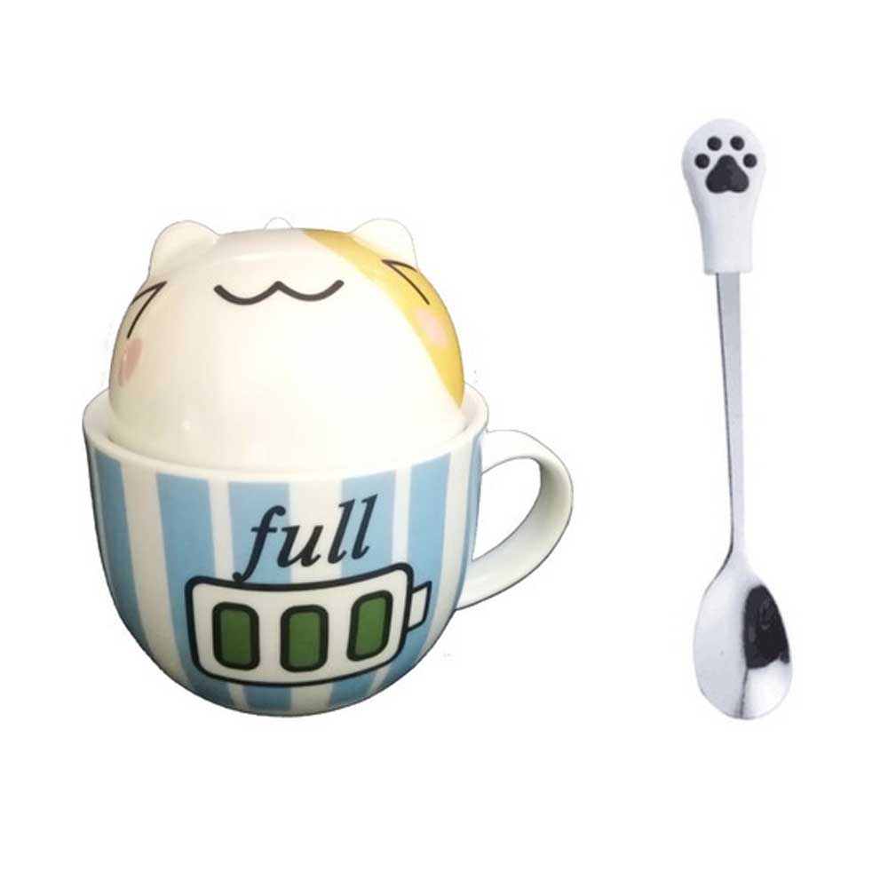 Taza Doble Y Cuchara Gato Gatito Batería Full Azul Kawaii Regalos