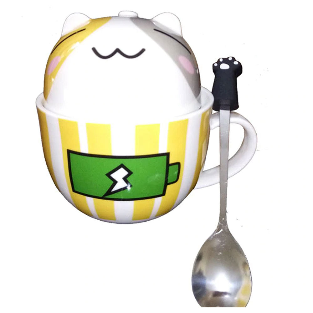 Taza Doble Y Cuchara Gato Gatito Batería Recargada Amarilla Kawaii Regalos