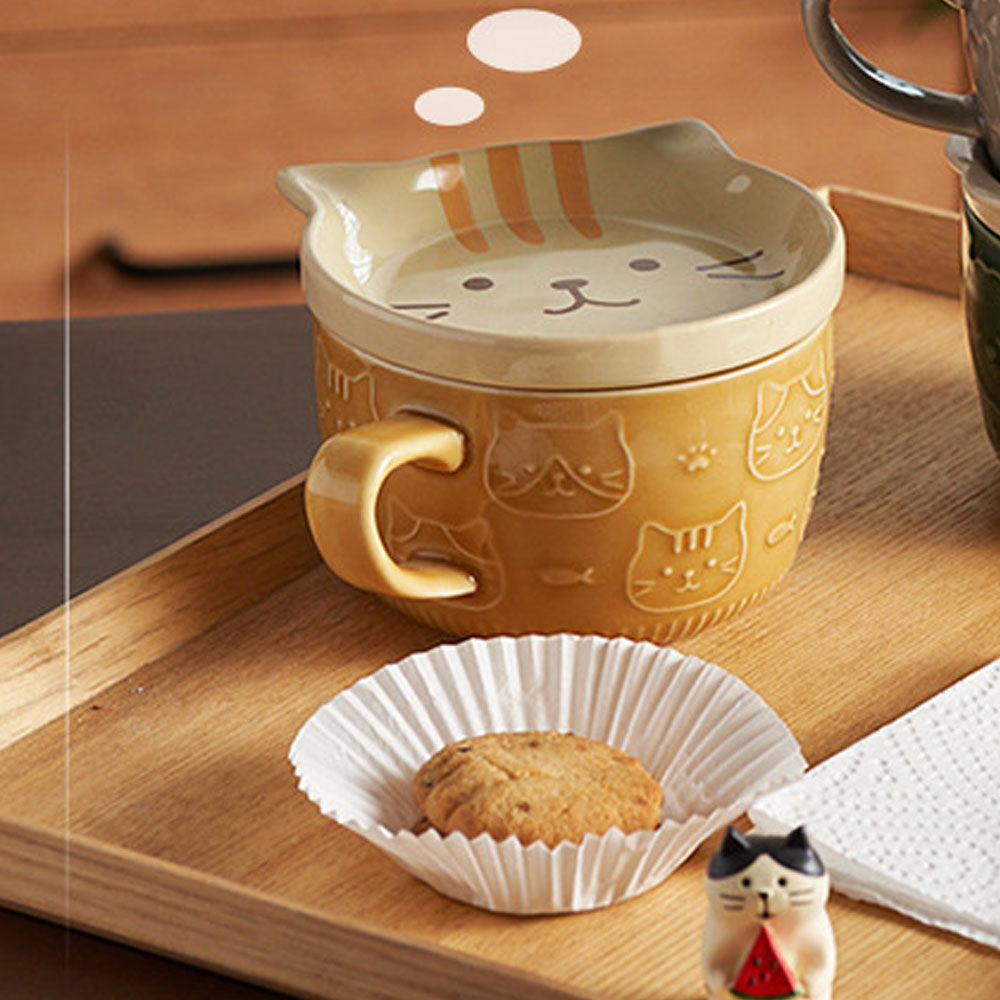 Taza Con Gatos Grabados Y Tapa Con Cara De Gato