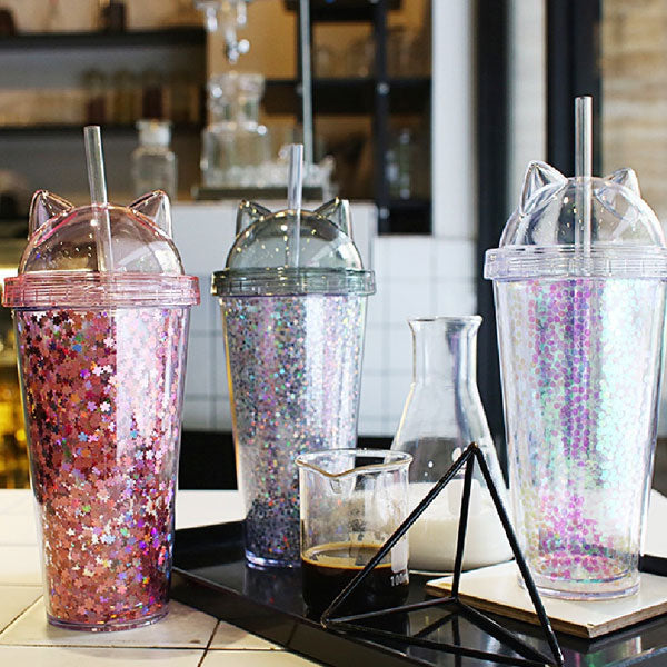 Vaso Acrílico De Doble Capa Con Glitter Orejas de Gato