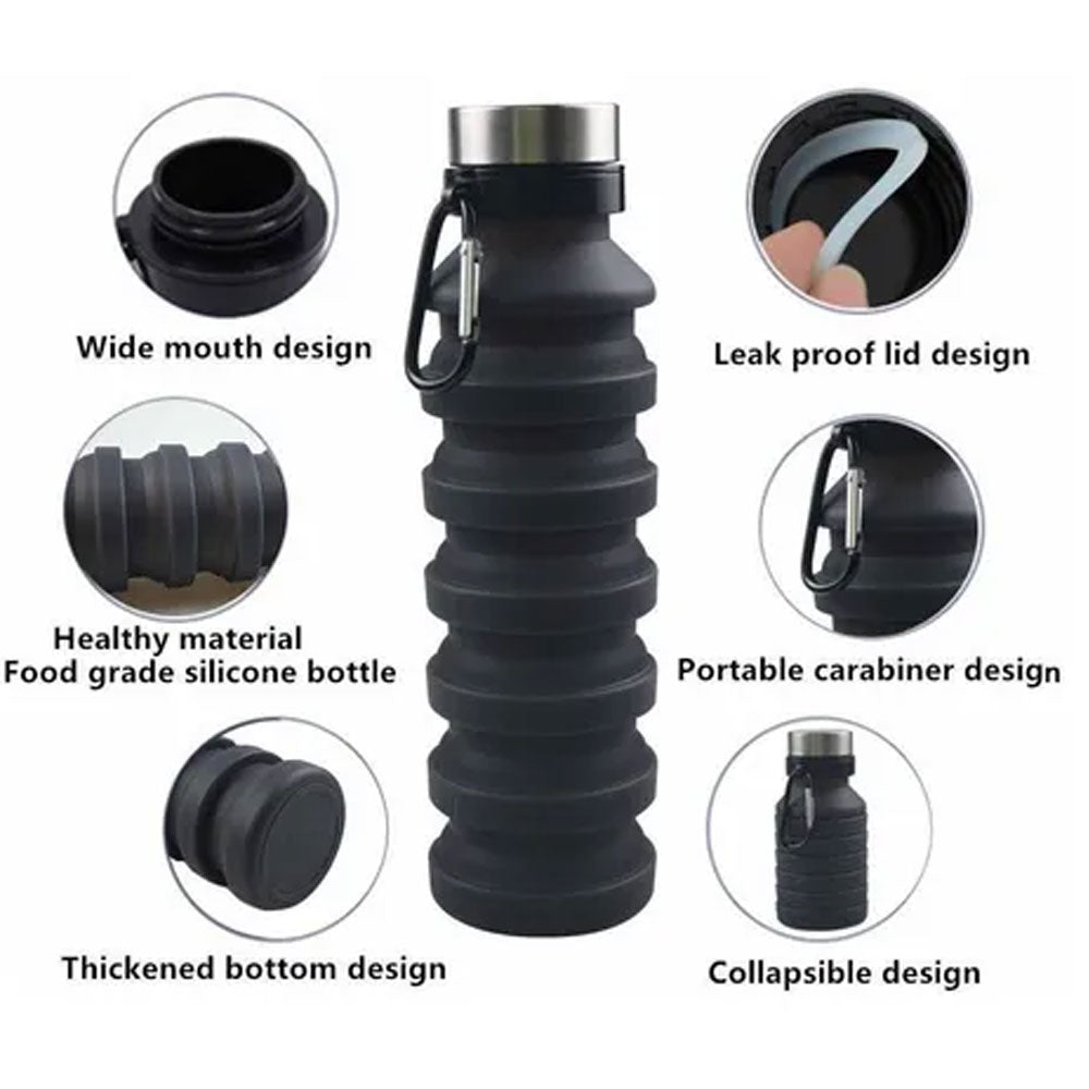 Termo Plegable Silicón Flexible Botella Vaso Tapa De Acero Inoxidable 550ml