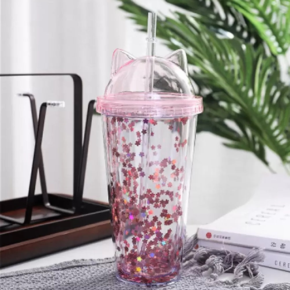 Vaso Acrílico De Doble Capa Con Glitter Orejas de Gato