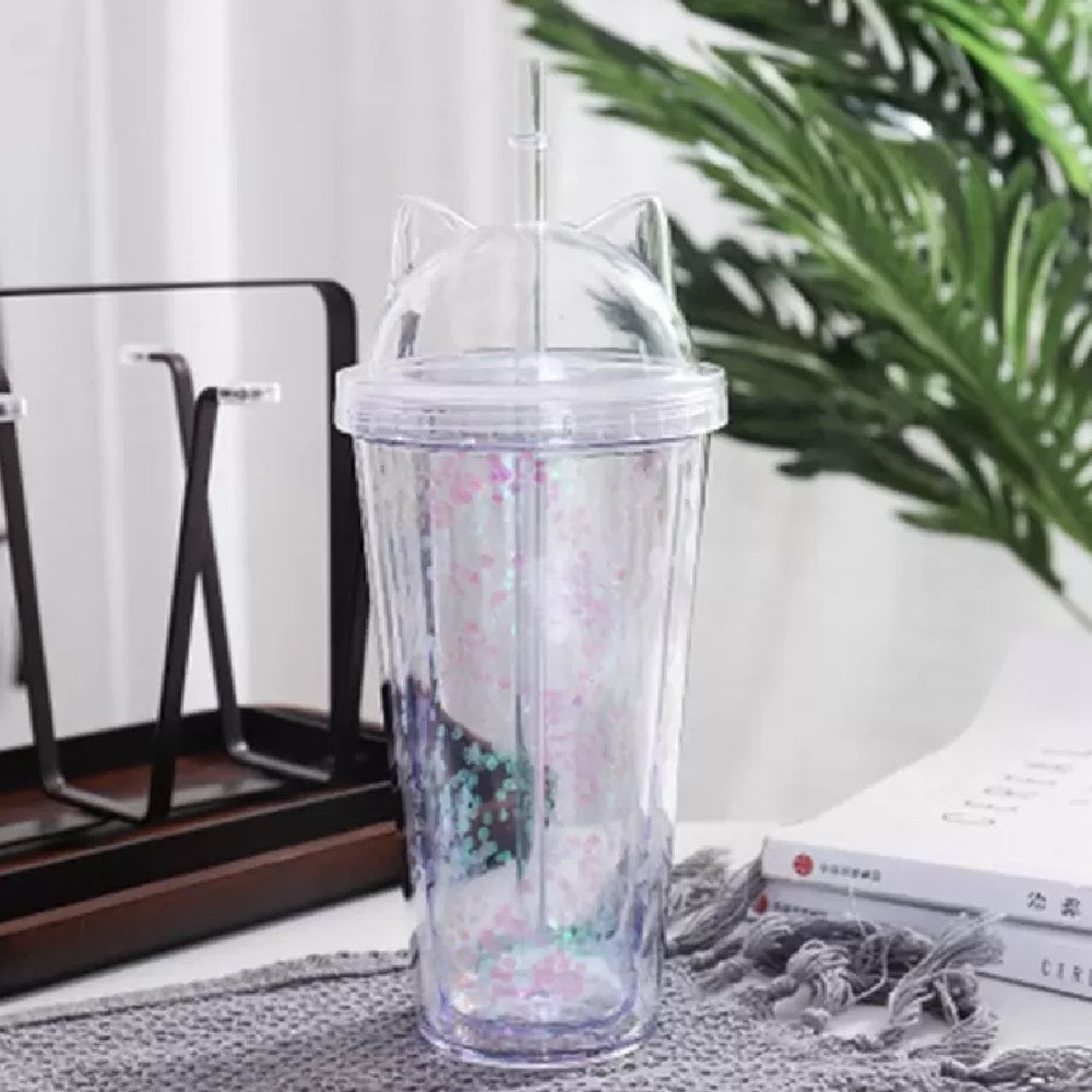 Vaso Acrílico De Doble Capa Con Glitter Orejas de Gato