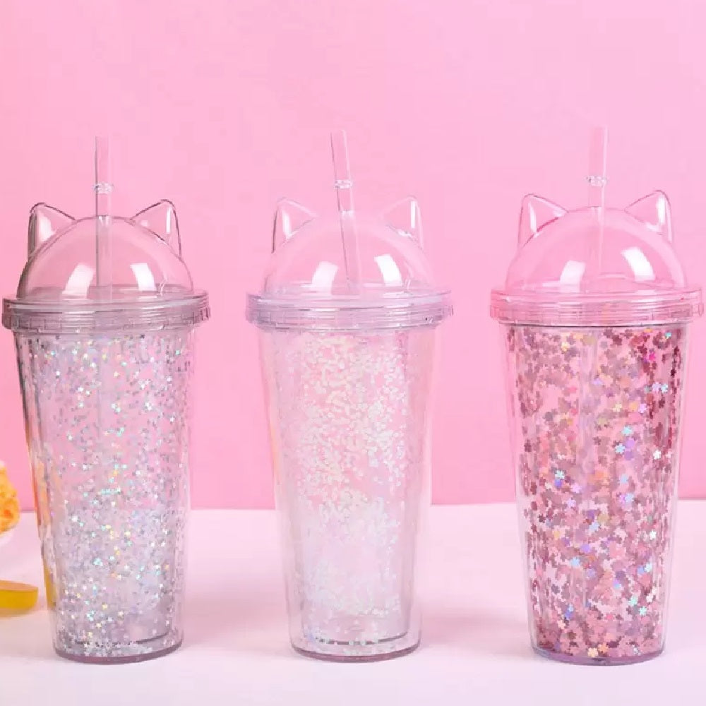 Vaso Acrílico De Doble Capa Con Glitter Orejas de Gato