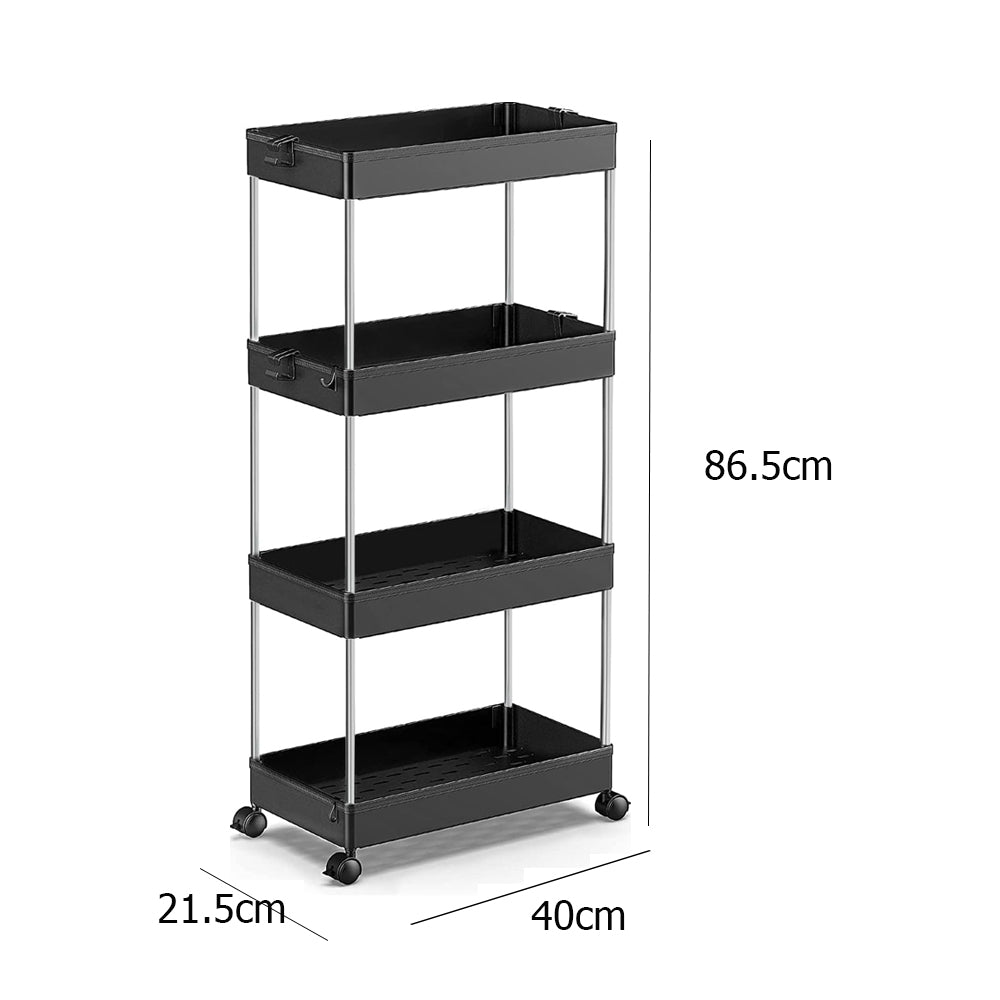 Carro de almacenamiento de 4 niveles con ruedas y ganchos, organizador de estantería móvil,para cocina, baño, lavandería