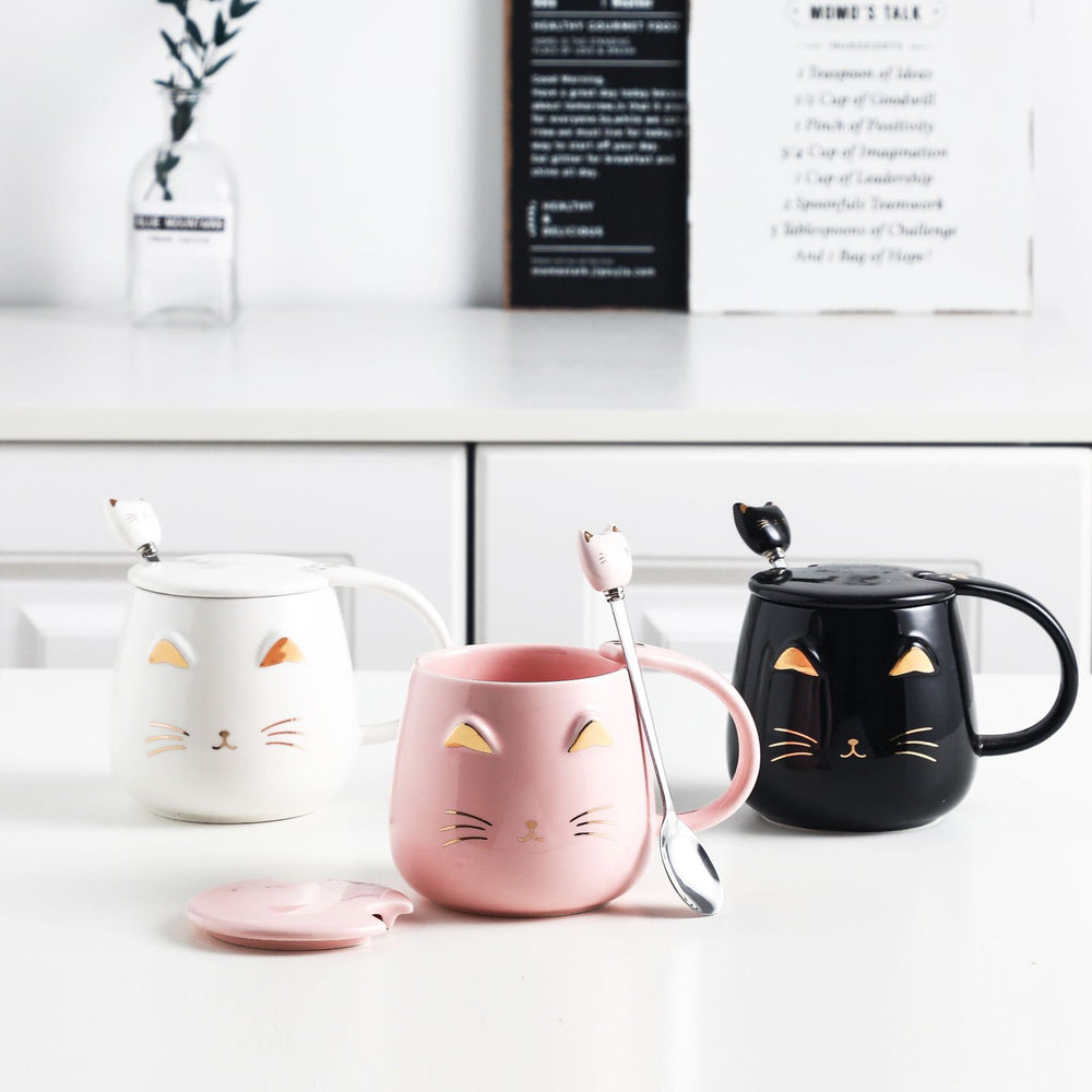 Taza de Cerámica Creativa en Forma de Gato 3D Kawaii con Tapa y Cuchara