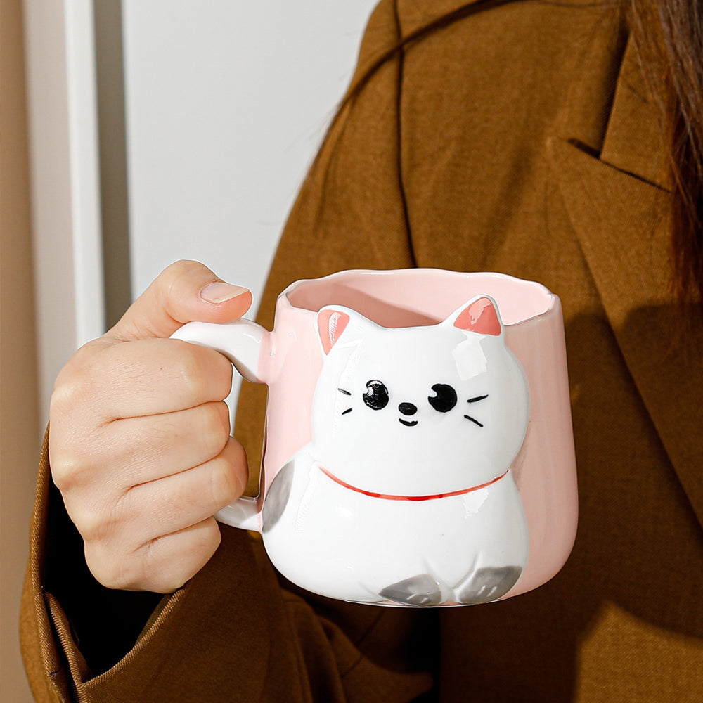 Taza de Cerámica Gatito con Relieve Kawaii 500ml Diseño Cute y Original