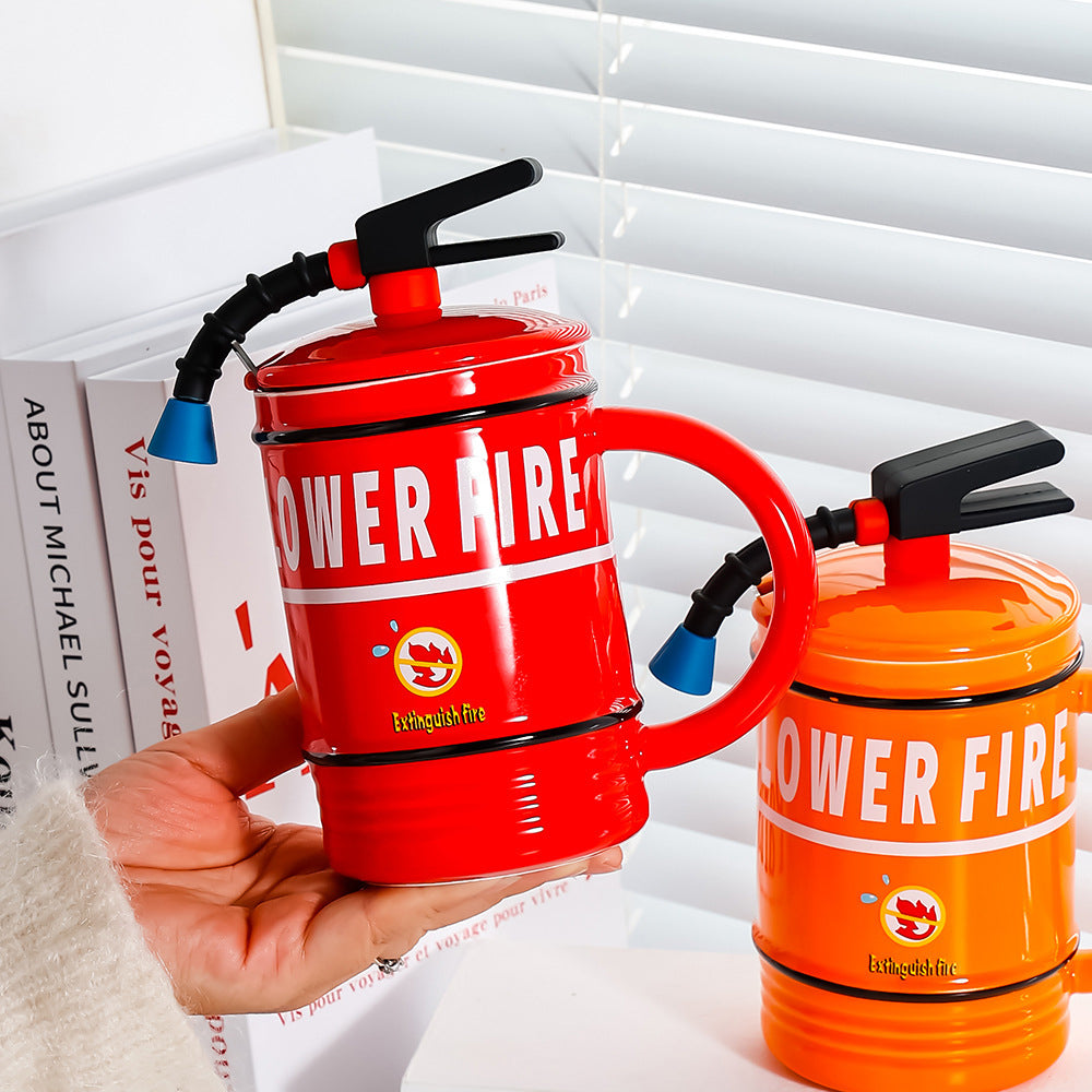 Taza de Cerámica Creativa con Forma de Extintor de Incendios Regalo para Bomberos con Tapa y Cuchara