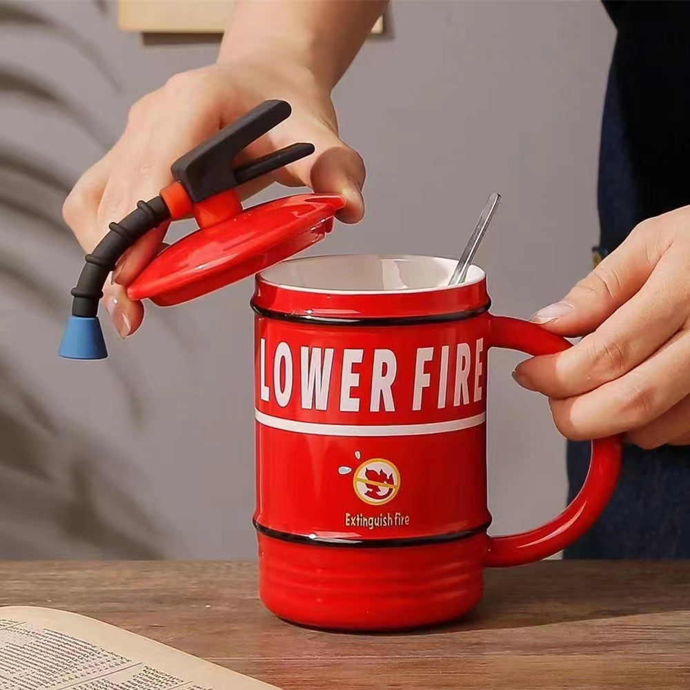 Taza de Cerámica Creativa con Forma de Extintor de Incendios Regalo para Bomberos con Tapa y Cuchara
