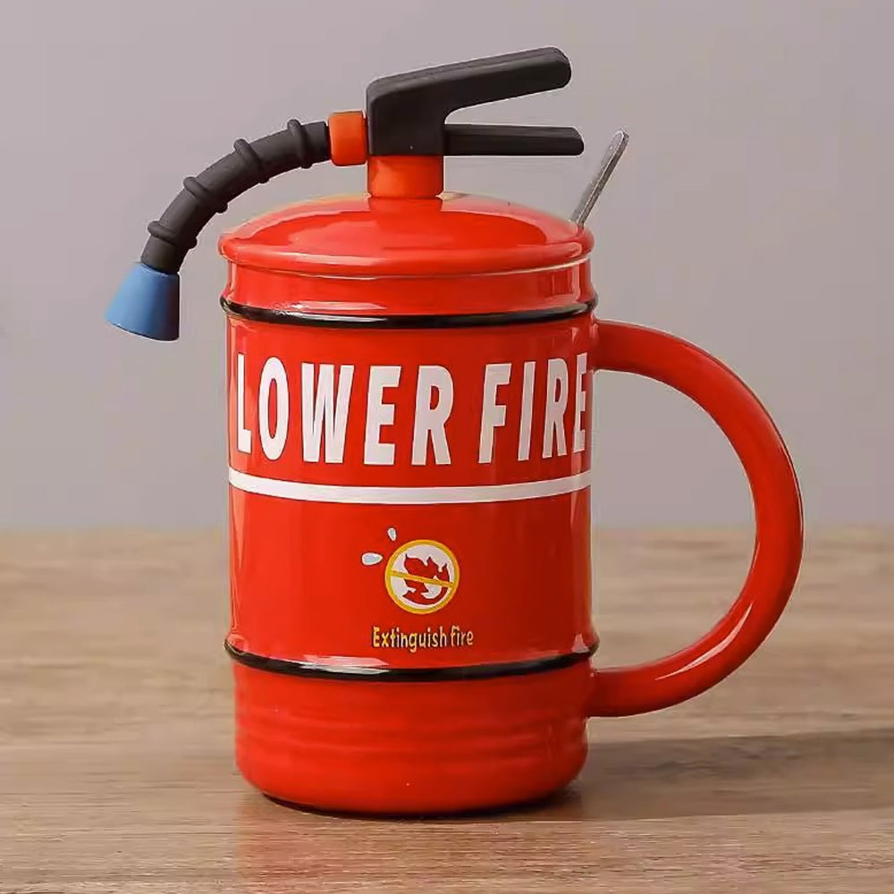 Taza de Cerámica Creativa con Forma de Extintor de Incendios Regalo para Bomberos con Tapa y Cuchara