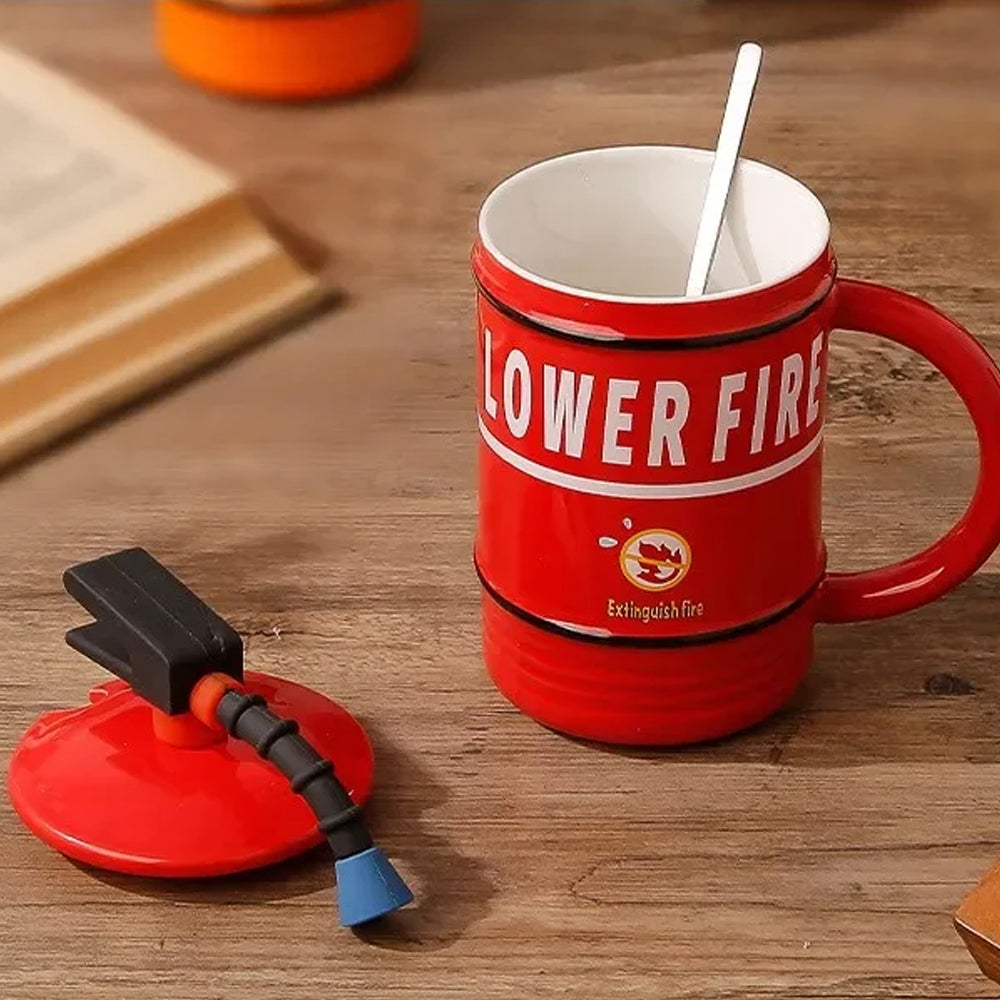 Taza de Cerámica Creativa con Forma de Extintor de Incendios Regalo para Bomberos con Tapa y Cuchara