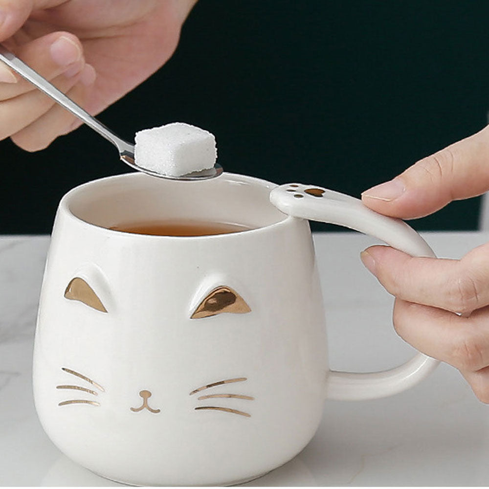 Taza de Cerámica Creativa en Forma de Gato 3D Kawaii con Tapa y Cuchara