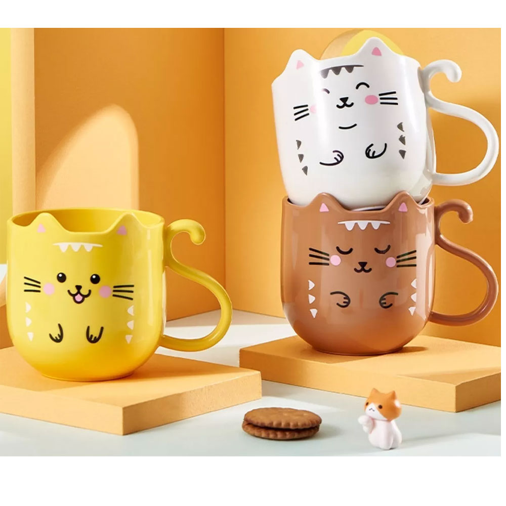 Set De 3 Tazas Plástico Diseño Gato Gatitos Kawaii Regalos