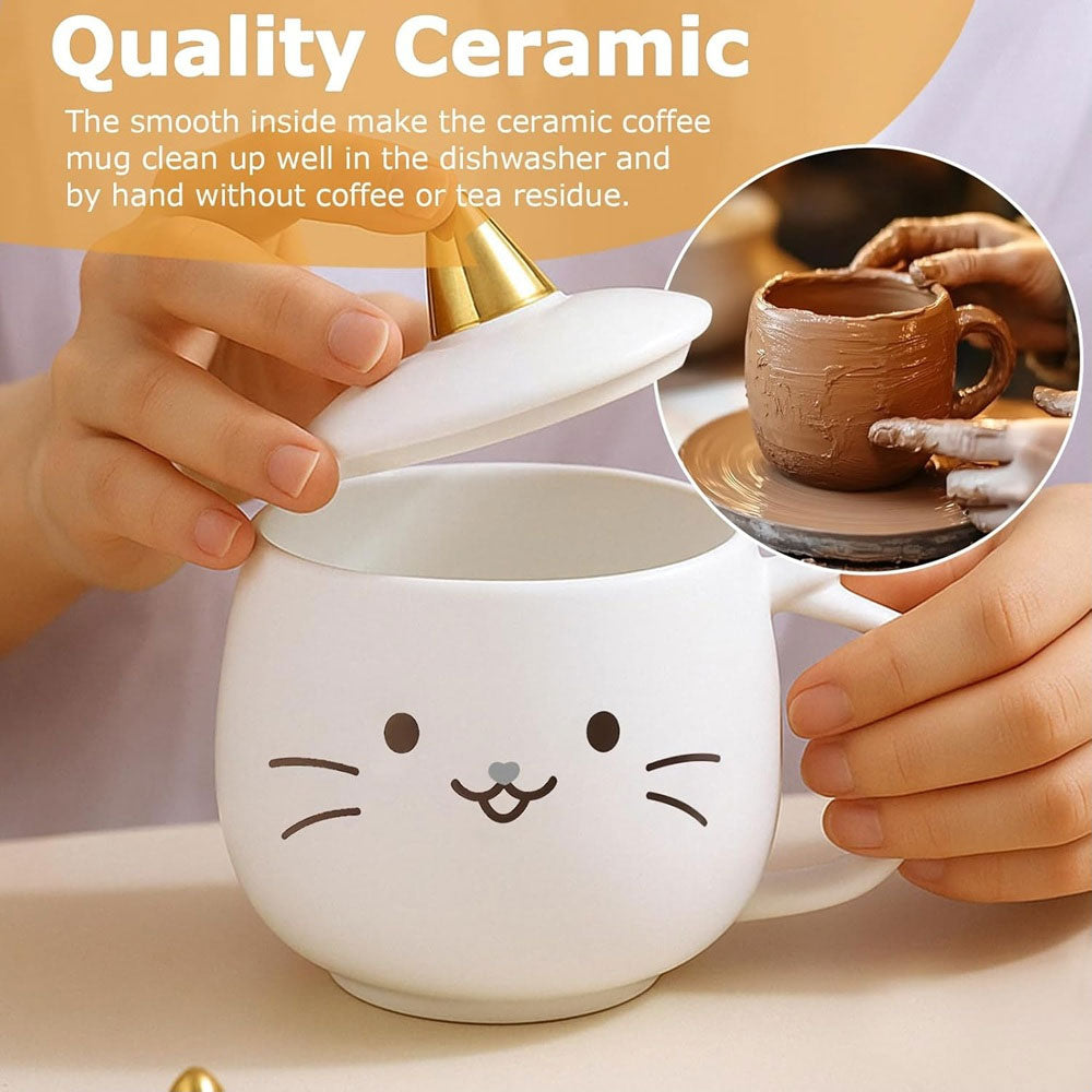 Taza De Cerámica Kawaii De Gatito Lucky Cat Con Holder Tapa Y Cuchara 400ml