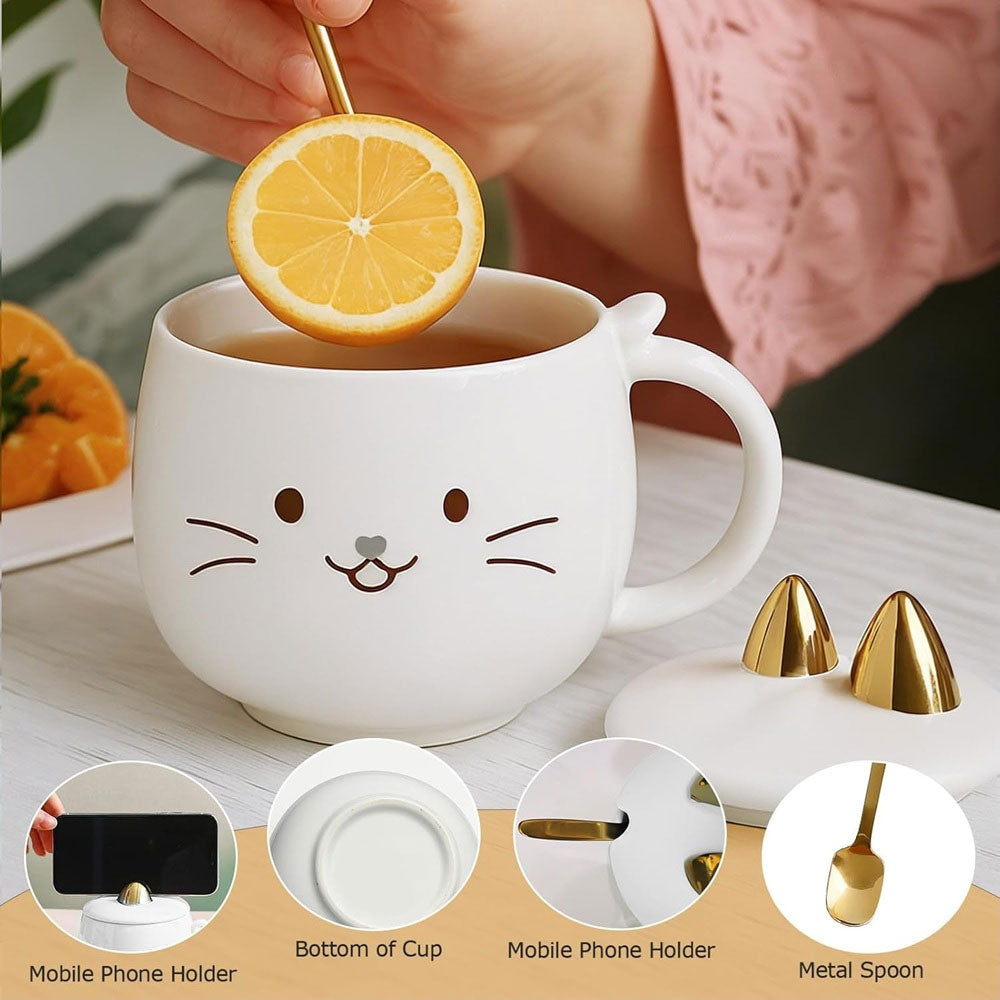 Taza De Cerámica Kawaii De Gatito Lucky Cat Con Holder Tapa Y Cuchara 400ml