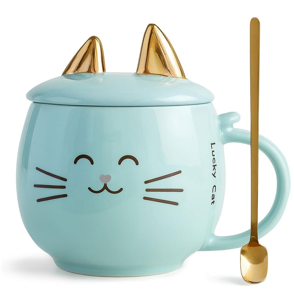 Taza De Cerámica Kawaii De Gatito Lucky Cat Con Holder Tapa Y Cuchara 400ml