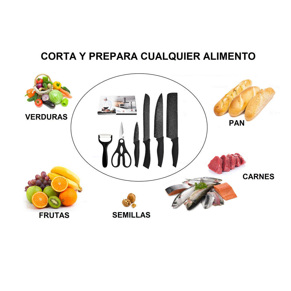 Juego De Cuchillos Profesional Acero Inoxidable Negros 6 Pzs
